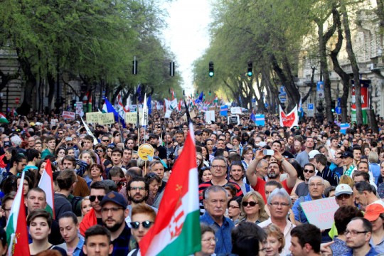 People attend a protest against the government of Prime Minister Viktor Orban in Budapest